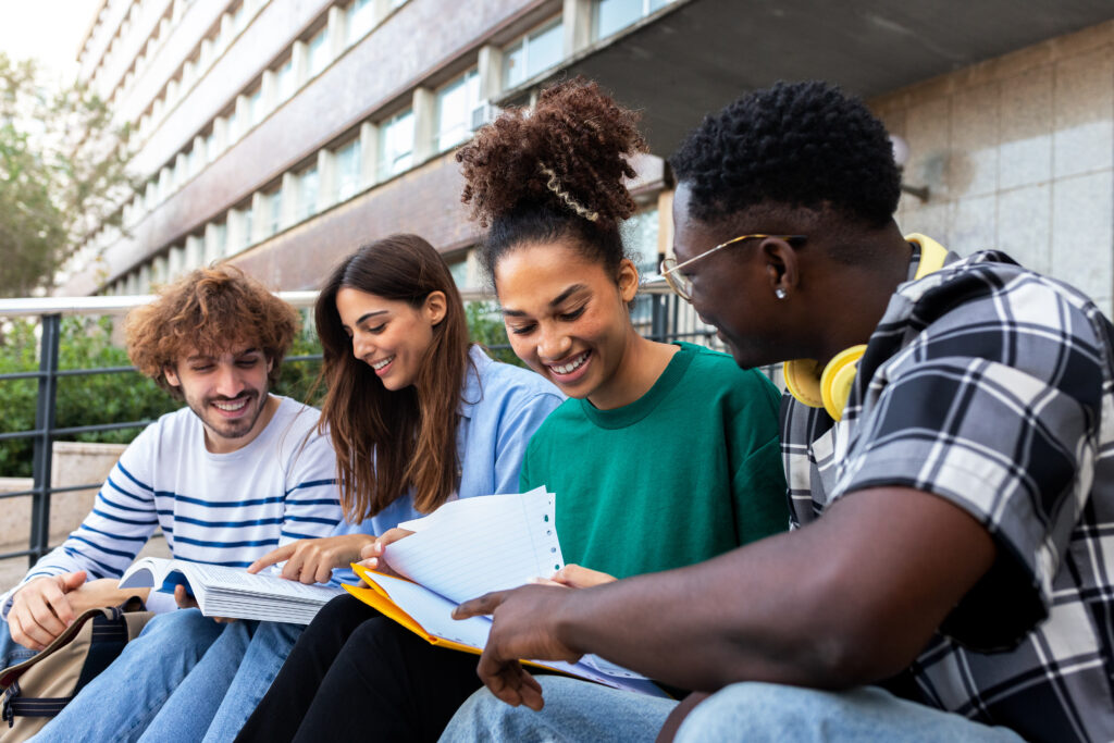 Students collaborating at a higher education institution.