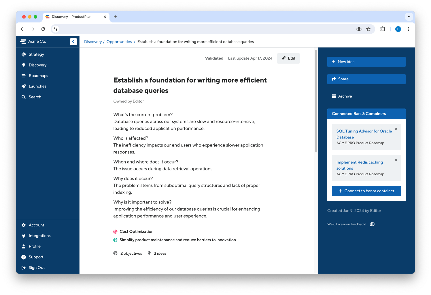 An opportunity view in ProductPlan with connected objectives