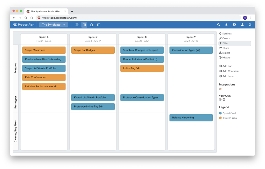 productplan sprint list view