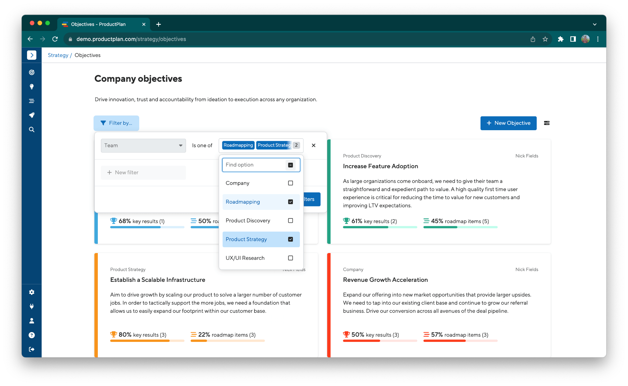 Filter objectives by more than one team within ProductPlan